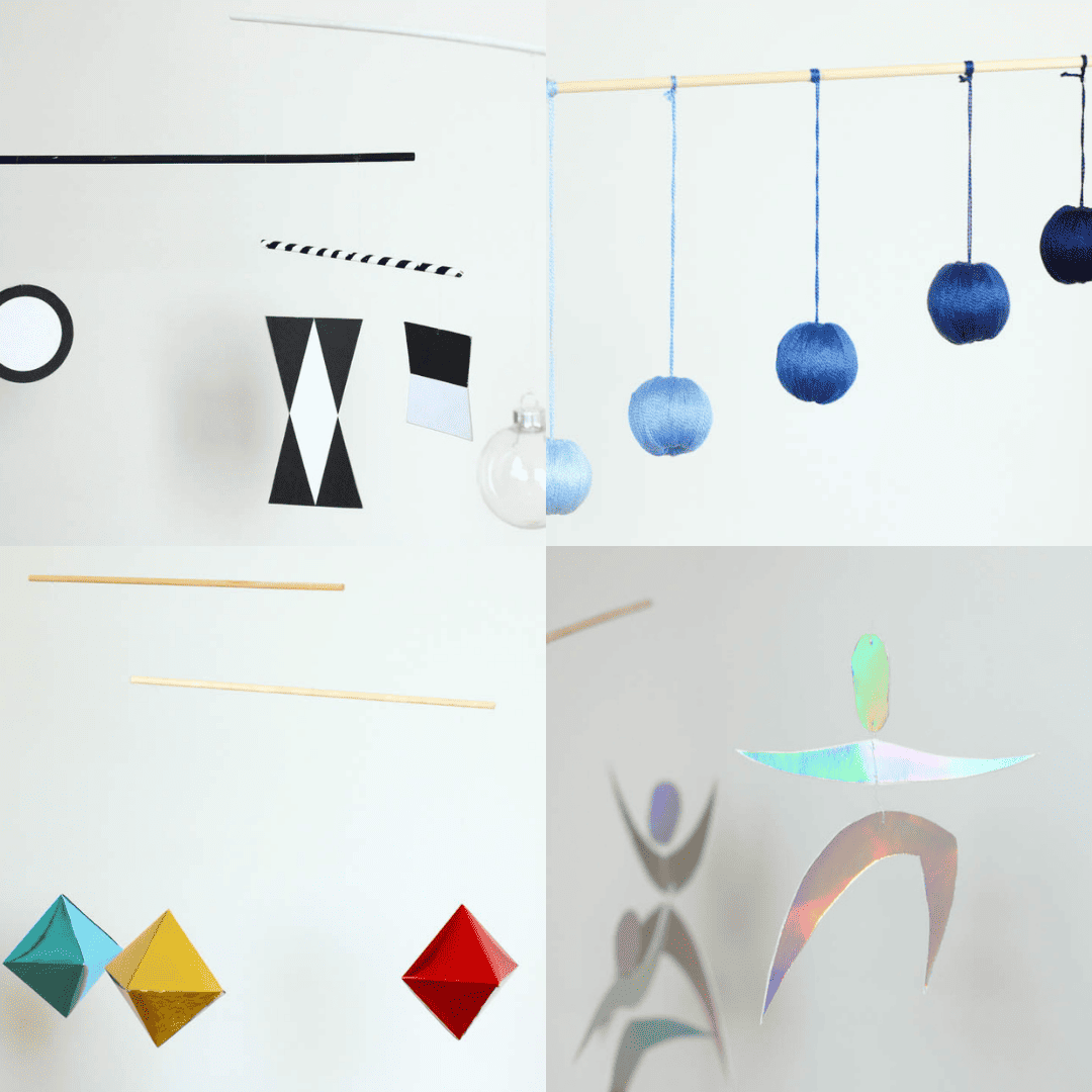 Collage of four visual Montessori baby mobiles.