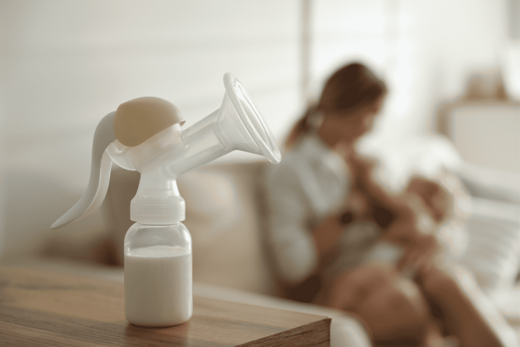 Close-up of pumped breastmilk in a bottle