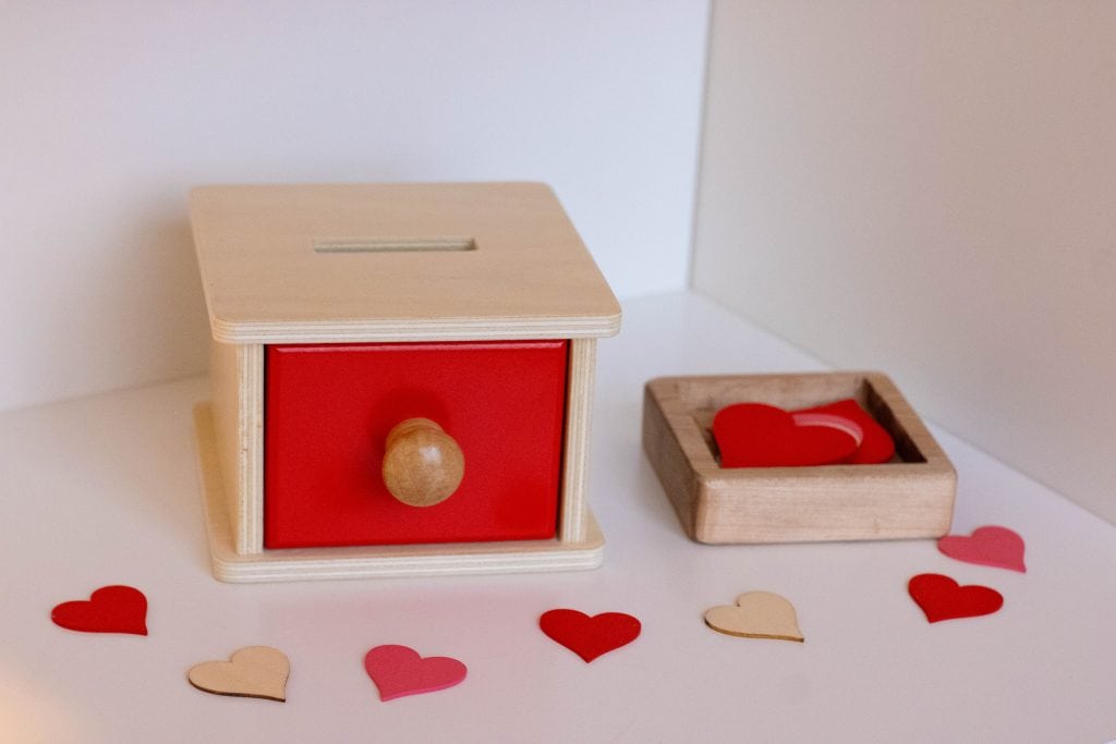 Montessori wooden coin box dish of wooden hearts