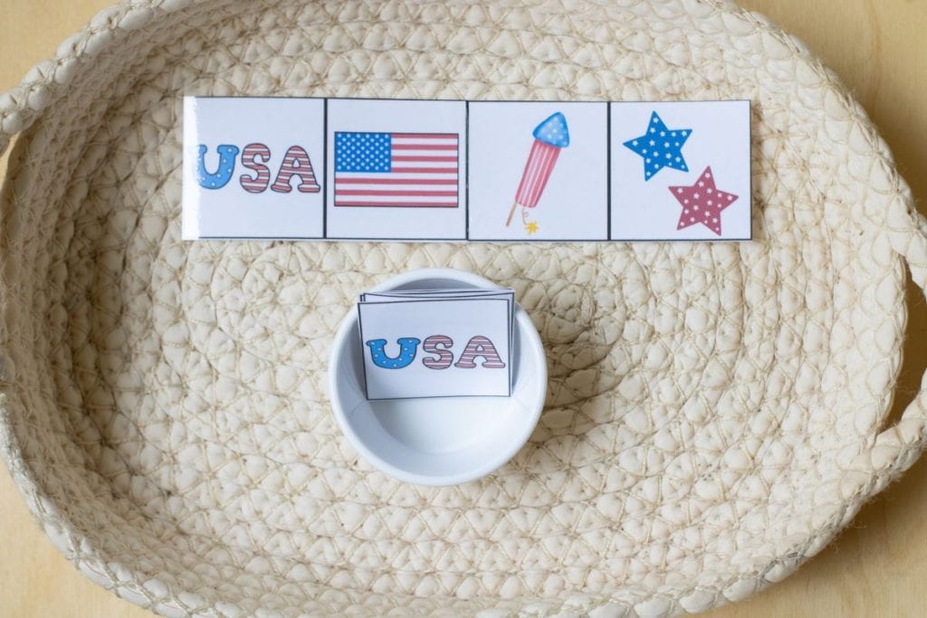 Tray with patriotic matching activity.