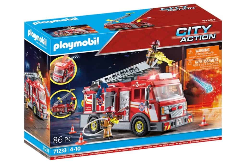 Playmobil firetruck toy in box.